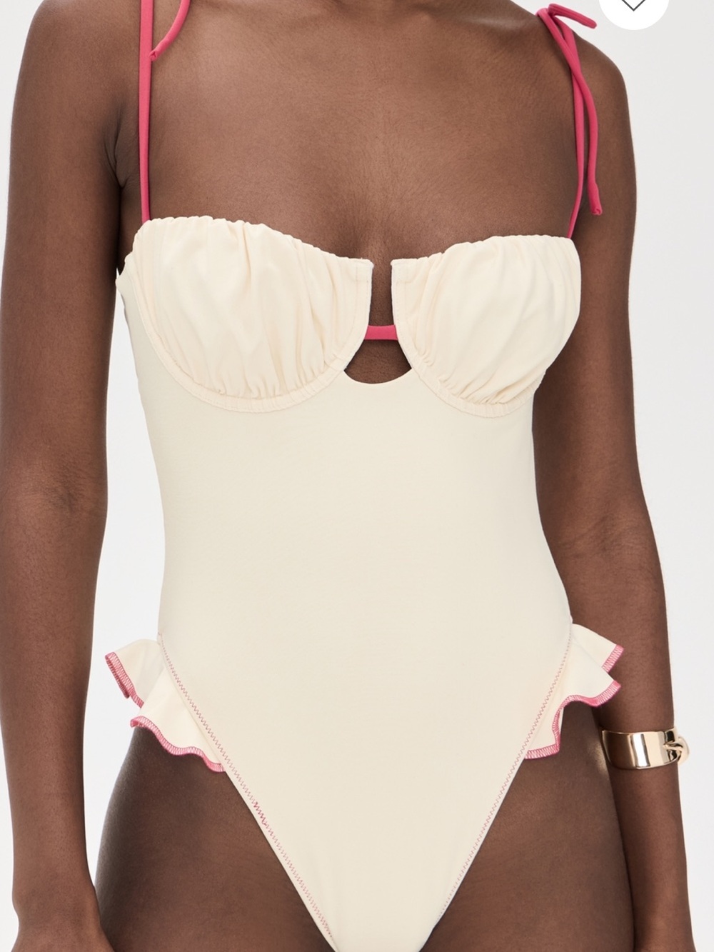 Montce Cream One-Piece Swimsuit with Pink Trim and Tie Straps